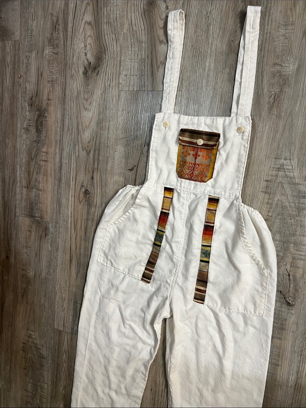 S/M Cream Boho Embroidered Pocket Overalls